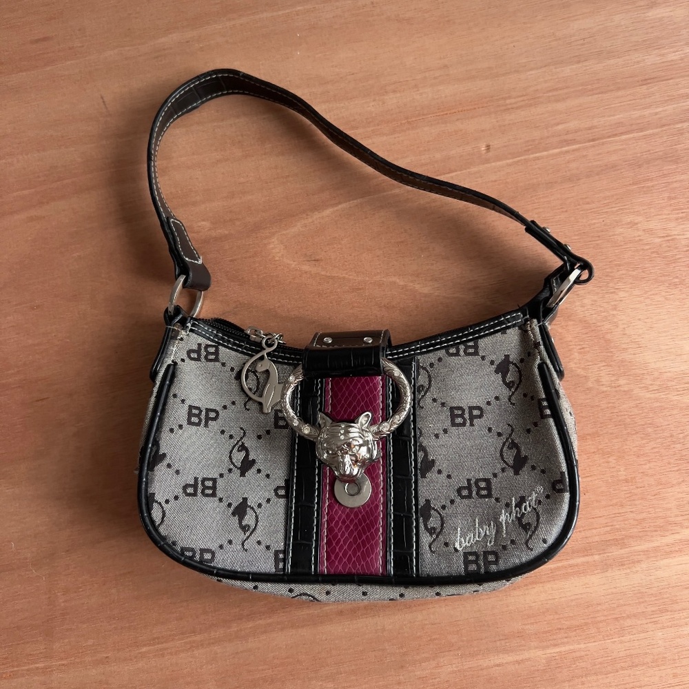 Baby Phat Y2K canvas signature shoulder bag baguette crescent lion head *flaw* *
